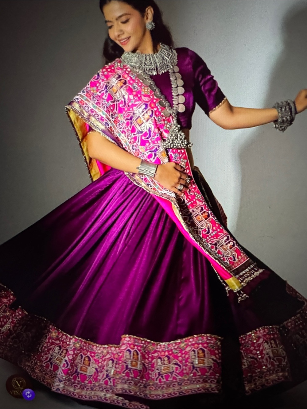 Others Follow Deep Magenta Satin Circle Skirt with Pink Embroidered Border